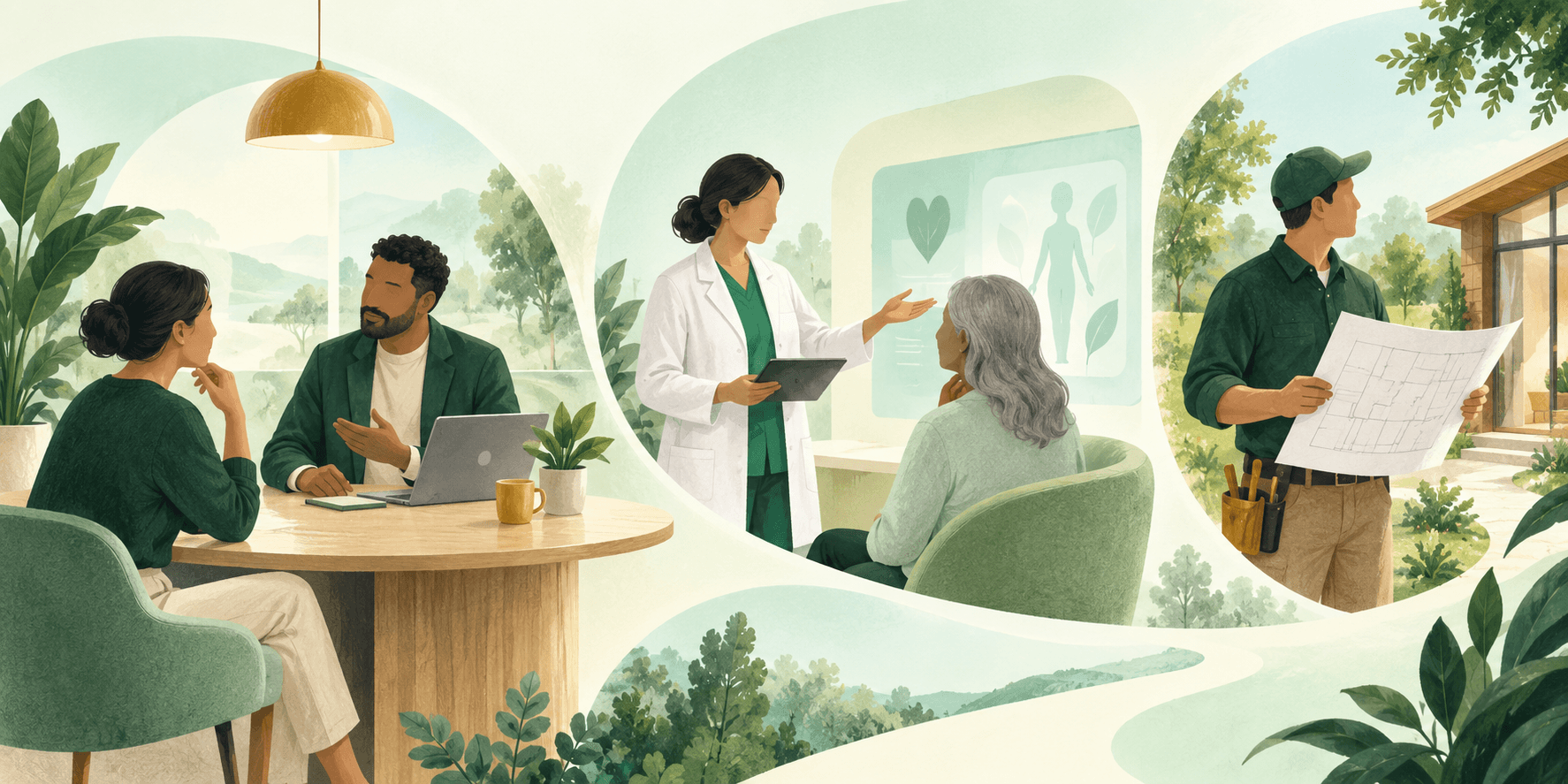 Editorial illustration of a coaching conversation, a healthcare consultation, and a home-services specialist.